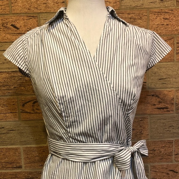LOFT Tops - Short sleeve White/Black Striped faux wrap top